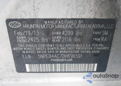 2013 Hyundai Sonata Gls z USA, uszkodzony, nr VIN 5NPEB4AC7DH696591